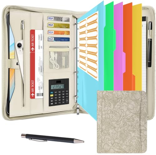 Leathario Cartella Portadocumenti A4 con 5 Fogli Trasparenti, Accoglitori ad Anelli A4, Zip, Cartelline Porta Documenti A4 con Quaderno per Riunioni, Ufficio e Scuola