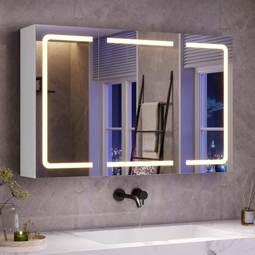 mojiasion Armario de baño con Espejo LED, 60 x 90 x 16 cm (HxLxP) – 3 Temperaturas de luz y Regulable, Control táctil, Toma de Corriente, 3 estantes Ajustables – Ancho 90 cm Ahorro de Espacio