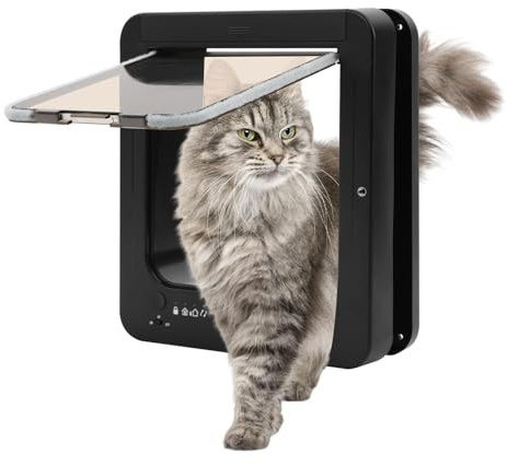 Katzenklappe Katzenklappe mit Chiperkennung, für Innenraum Außen, 26.3 * 2 * 29. 79 cm, Selektiver Zugang für Ihre Katze, hält fremde Tiere draußen, mit 4 Verschlussoptionen (Schwarz)