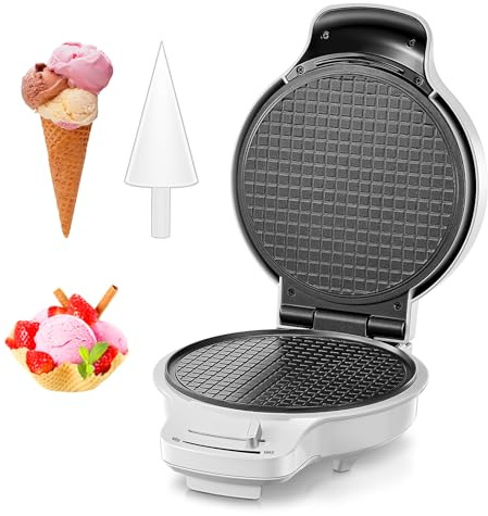 FOHERE Waffle Cone Maker Machine and Ice Cream Bowl Maker with Temperature Control, Double Side Nonstick Waffle Bowl Maker with Cone Roller, 7.5” Thin Waffle Maker for Home Kitchen (White)