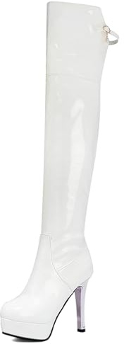 Gicoiz Femme Aiguilles Cuir Verni Cuissarde Plateforme Bottes D'Équitation Bout Rond Hiver Soirée Fête Elegant Thigh High Bottes D'Équitation Blanc Taille 40.5 EU-42Cn