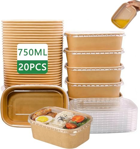 CaiYuanGJ 20 stycken Kraft Kartongskålar 750 ml med lock - Återanvändbara, vattentäta och oljebeständiga för uteservering, sallader, resor och mikrovågsugn