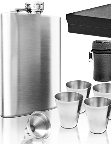 OUTDOOR SAXX - Edelstahl Flachmann Geschenk-Set, Brust-Flasche, Einfüll-Trichter, 4 Becher, Leder-Tasche, in Geschenk-Box, 7-teilig