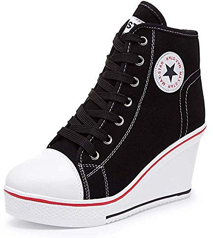 Zomiee Baskets Mode Compensées Montante Sneakers Plateforme Chaussure de Tennis Casuel Haute Talon Tennis Chaussures de Sport Chaussures en Toile Femme (35 EU, Noir)