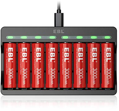 EBL 8pcs Piles Rechargeables AA 1,5V Puissants, avec Chargeur de Piles 8 Slots M7012 pour AA/AAA 1,5V Piles Rechargeables Li-ION