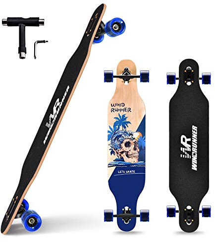 Windrunner 41 inch Freeride Longboard Skateboard,8-Ply Natural Maple Drop Through Freestyle Complete Skateboard Cruiser Pintail for Cruising,Carving,Free-Style and Downhill with T-Tool,Skull