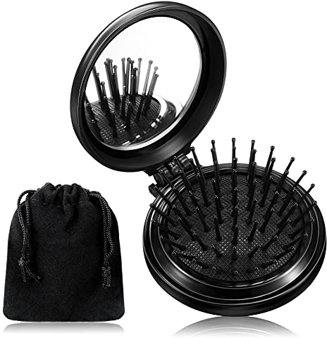 Klappbarer Reise Spiegel Haarbürsten Runde Tasche Haarbürste Kompakte Größe Haar Massage Kamm Mini Haarkamm mit Schminkspiegel für Frauen und Mädchen, Schwarz