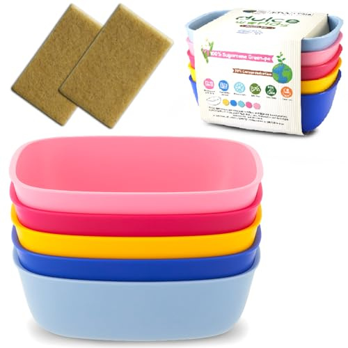 Sugarcane Kids Bowls 5Pack (27oz) + Coconut Pad 2Pc - Natural Plastic Dishes for Toddler to Big Kids - Fried Rice & Noodles – Microwaves & Dishwasher Safe – BPA Free, Unbreakable, Reusable - Multi