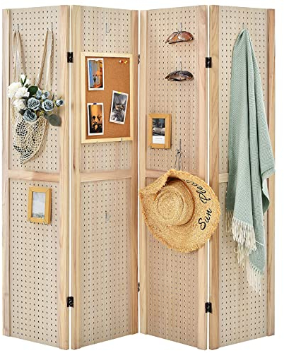 COSTWAY 4 Panel Folding Room Divider with Pegboard Display, Wooden Wall Privacy Screen Protector, Home Living Room Bedroom Hinged Paravent Partition Separator (Natural, 156 x 152cm)