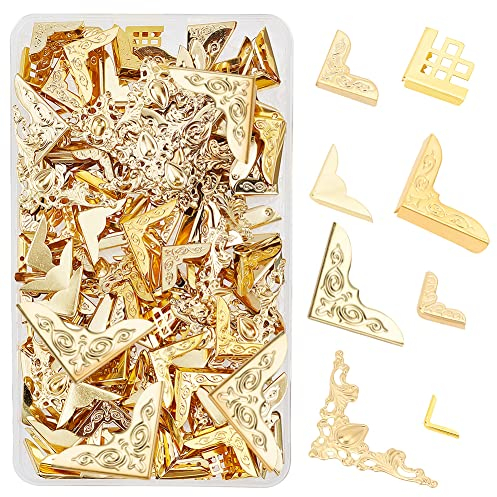 PandaHall Eckenschutz, 160 stücke 8 Stile Eisen Dreieck Buchecken Schutz Kantenschutz Metall Dekorative Abdeckung Pad Für Alben Bücher Notebooks Menüs Tagebuch Ordner Sammelalben, Golden