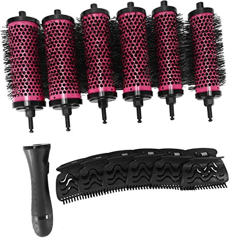 RUANI 6pcs/set 3 Sizes Detachable Handle Hair Roller Brush with Positioning Clips Aluminum Ceramic Barrel Curler Comb Hairdresser, Pink