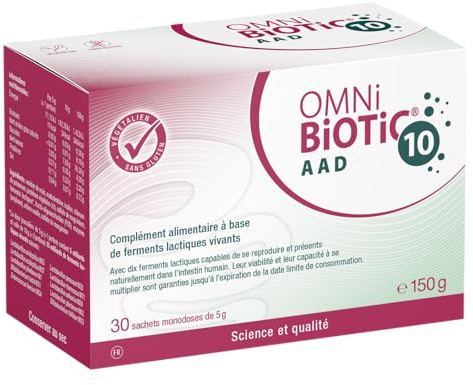 OMNi-BiOTiC 10 AAD | Probiotique | Pendant & après les antibiotiques | Équilibre intestinal | 10 souches bactériennes | 10 milliards d’UFC | 30 sachets | En poudre | Contient de l'inuline