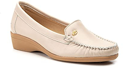 Mocasines de Cuero para Mujer Beige con cuña y Costura Visible