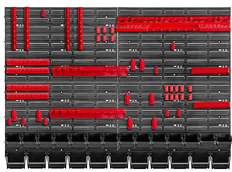 KADAX Lot de 70 Étagère murale d'atelier robuste, 116 x 78 cm, système de stockage en plastique, résistante aux UV, plaques murales extensibles, pour garage (rouge et noir)