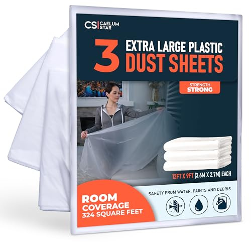 Caelum Star 3 Pack 12x9 ft Extra Large Plastic Drop Cloth for Painting, Furniture Covers, Painters Plastic Cover, Clear Paint Tarp, Floor Protector, Disposable Paint Drop Cloth, 55% Recycled