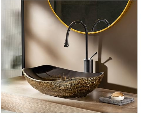 MEJE Lavabo ovale en porcelaine et céramique, avec bord doré, vintage, 56 x 40 cm