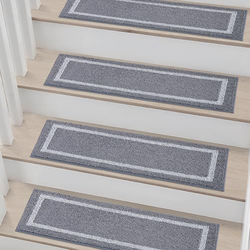 COSY HOMEER Carpet Stair Treads, Non-Slip Indoor Carpet Treads for Stairs for Kids Elders and Dogs, 100% Polyester Quick Peel Self-adhesive Stair Runner Rug Pads, 22 x 70cm, 4 PCS, Grey