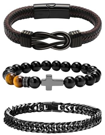 OIDEA Juego Pulseras Negro Hombre: Pulsera de Cuero Trenzado Infinity de Cuentas Cruz Cadena de Acero Inoxidable 3 Piezas - Para Ocio Diario Negocios Regalo