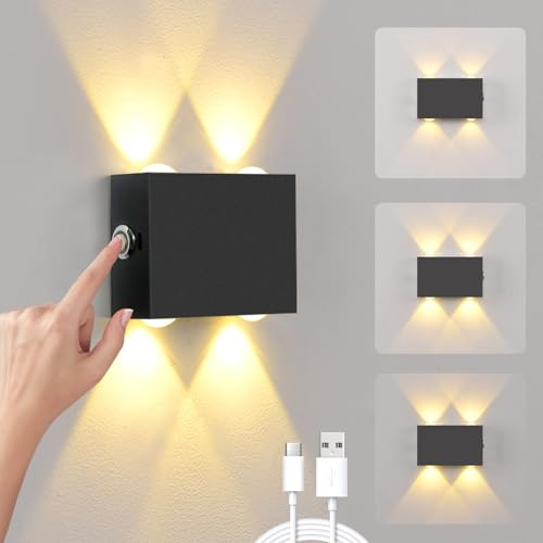 VOMI Vägglampa batteri inomhus touch dimbar, vägglampa batteri aluminium LED vägglampa trådlös utan strömanslutning 4 000 mAh USB uppladdningsbar bärbar magnetisk vägglampa för sovrum, korridor, svart