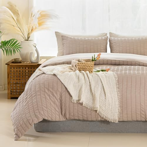 Tokokimo Seersucker Bed Linen 135 x 200 cm 4-Piece Khaki 2 x Duvet Cover 135 x 200 cm, Microfibre Summer Bed Linen Set with Zip and 2 Pillowcases 80 x 80 cm with Zip