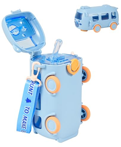 EliphonTowne Kids Water Bottle with Straw - 500ml Leakproof Bus Water Bottle Kids, Cars Water Bottles with Adjustable Strap, Children Friendly Girls Boys for Home/School/Travel Use - Blue
