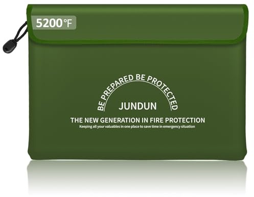 JUNDUN Feuerfeste Dokumententasche mit 5200℉ Wärmeisolierung, 36x26cm Wasserdichte und feuerfeste Geldtasche, 8 Lagen verdickte feuerschutz tasche mit Reißverschluss für Dokumente und Bargeld,Grün