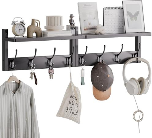 STELLSTAR Wandgarderobe mit Aufbewahrungsregal 80 cm, 2er Pack, Bambus Wandmontierter Garderobenleiste mit Ablage und 8 Haken, für Eingang, Flur (Schwarz)