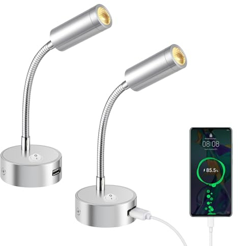 ERWEY 2 st 12 V LED-läslampor för husbil, med flexibel svanhals och USB-laddningsport, 3 000 K, varmvit, DC 10–30 V, innerbelysning, för yacht, husvagn (silverfärgade)