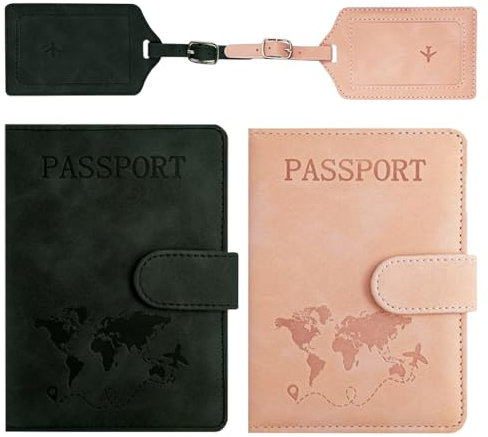 TYXHXTF 2 Stück Reisepasshülle, Kofferanhänger, Passport Holder für Damen Herren, Reisepass Schutzhülle für Bankkarten, Kreditkarten, Pässe Reisedokumente Wallet Organiser (Schwarz+Rosa)