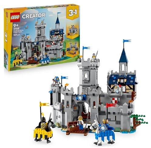 LEGO Creator 3in1 Medieval Horse Knight Castle Toy - Transforms into a Jousting Tournament Scene or a Town - incl. 6 Minifigures - Creative Gift for 9+ Year Old Boys & Girls - 31168