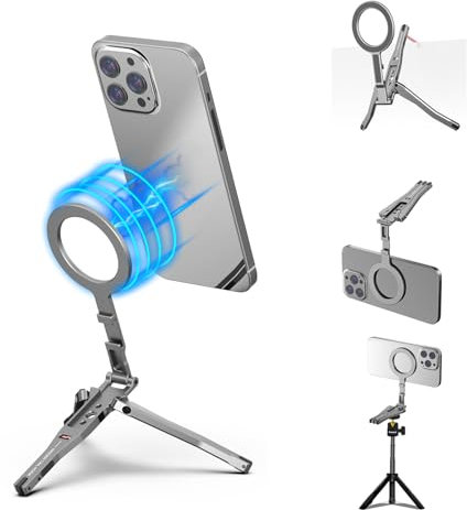HAFOKO Magnético Bolsillo Teléfono Trípode Aluminio Mini Sobremesa Plegable Magnético Trípode Mano Compatible para iPhone 17/16/15/14/13/12 Plus Pro MAX, Ligero Teléfono Trípodes Soporte Viaje