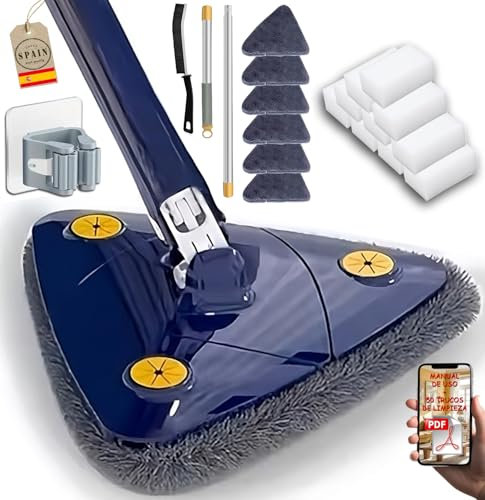 HICAREL® Fregona Autoescurrible, Mopa Triangular Giratoria 360 y Esponja Mágica de Limpieza Pack 10 Und, Limpieza Suelos, Azulejos y Paredes, con 6 recambios Microfibra, Cepillo de Juntas y Colgador.
