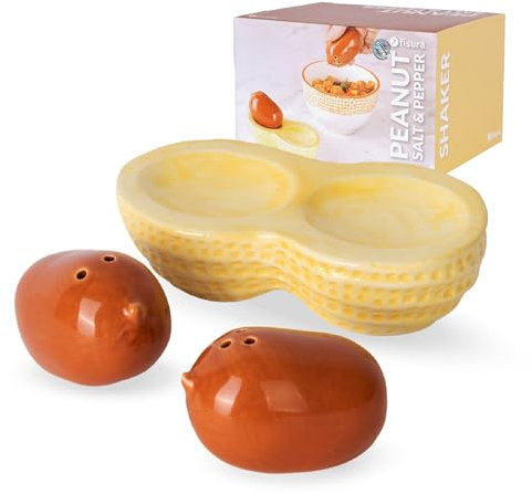 Fisura – Set saliera e pepiera originale «arachide» in ceramica. Coppia decorativa da tavola con design a forma di nocciolina. 2 pezzi creativi. Dimensioni 13 x 6,5 cm