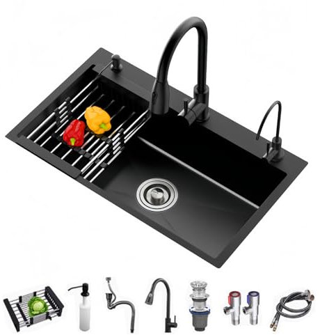 Ecoxsnz Lavello Da Cucina Nero 80 x 50 cm, Lavello Cucina In Acciaio Inox 1 Vasca Con rubinetto estraibile, Lavello da incasso a tre fori (Nero, 80x50cm)