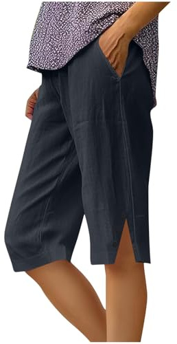 Linen Shorts Women UK Summer Cotton Linen Elasticated Waist Shorts with Pockets Wide Leg Lightweight Breathable Knee Length Pants Loose Fit Casual Comfy Holiday Beach Pants Navy