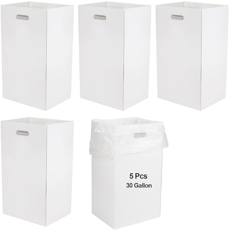 DIICCYO 5 Pcs 30 Gallon Disposable and Reusable Corrugated Cardboard Trash Cans for Events, Recycling Bins Bulk with 10 Garbage Bags White Rubbish Boxes for Parties Events, 17 H x 14 W x 30 D