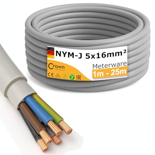 NYM-J 5x16mm² Mantelleitung | 1–25m Meterware | 5-adriges Starkstromkabel aus Kupfer | Feuchtraumkabel für Drehstrom, Wallbox & Elektroinstallation | Made in Germany | Länge (15m)
