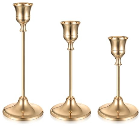 Pack of 3 Gold Candle Holders, Taper Candles, 18.5/15.5/12.5 cm Metal Candle Holder Vintage for Candle Light Dinners Weddings Parties Table Decoration (Bell Shape)