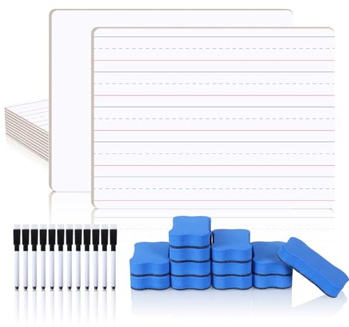 12 Pcs 9x12 Inch Mini Whiteboards Double Sided, Dry Erase Board with Lines | Small White Boards with 12 Dry Erasers & 12 Markers for Classroom, Students, Teachers