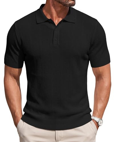 Focixfor Mens Polo Shirts Short Sleeve Knitted Ribbed Stretch Casual Vacation Golf T-Shirts