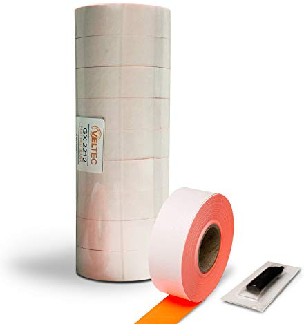 Veltec 2212 Fluorescent Red Pricing Labels for Garvey and Contact 22-6, 22-7, 22-8 Price Gun/Labelers, Free Ink Roller – 9 Rolls, 11,000 Labels with Security Slits