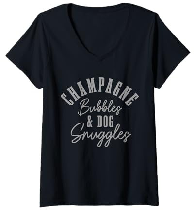 Womens Champagne Bubbles & Dog Snuggles Funny Dogs V-Neck T-Shirt