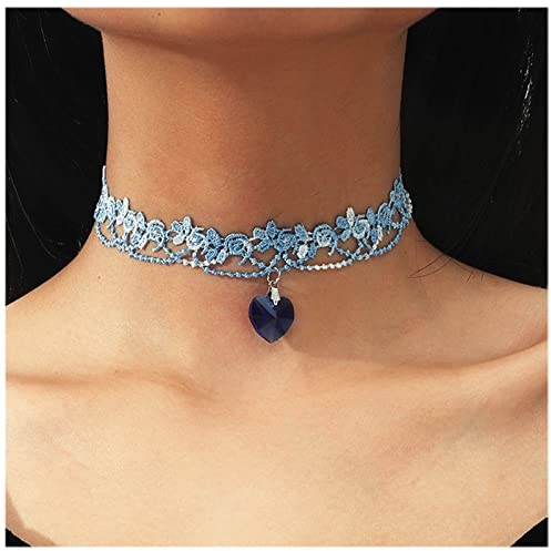Inateannal Boho Spitze Choker Halskette Kurz Saphir Herz Anhänger Halskette Blau Herz Kristall Halskette Vintage Spitze Blume Halskette Schmuck Für Frauen Und Mädchen