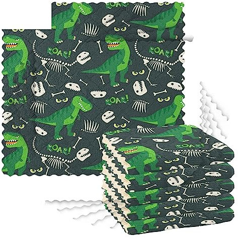 Küchen-Geschirrtücher, 6 Stück, Reinigungstücher zum Trocknen von Geschirr, Schrubben, Waschlappen für Spüle, Kochen, Backtisch, 27,9 x 27,9 cm, T Rex Dino Bones Roar