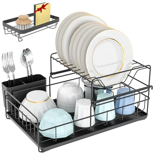 NURADA - Égouttoir à vaisselle en acier inoxydable - Égouttoir à vaisselle + organisateur d'évier - Égouttoir à 2 niveaux réglables pour assiettes et verres - Résistant à la rouille - Noir