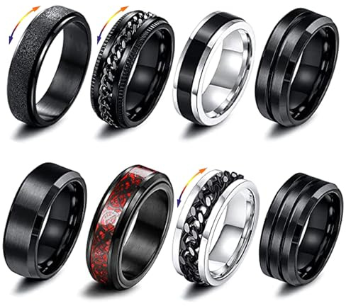 GoPaw Anneau de tourniquet en acier inoxydable pour hommes, 8 Pcs anneaux de bande Fidget noir Anneaux d'anxiété Jeu de bagues tournantes noires pour hommes Taille 54/57/60/62/65/67/70 (65)