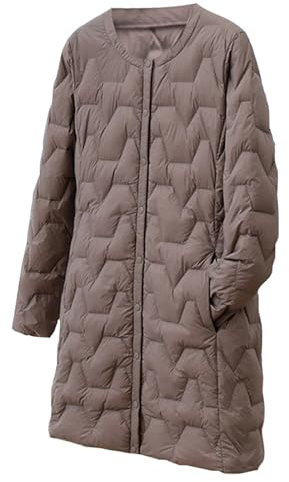 AMhomely Lightweight Long Down Jacket Womens Plus Size Puffer Jacket Long Sleeve Casual Padded Coats With Pocket Button Down Collarless Casual Puffer Jacket Winter Warm Quilted Coats Pocket Khaki XXL