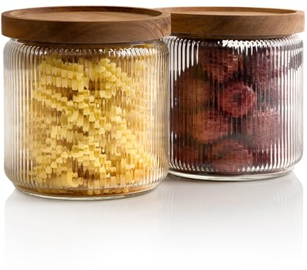 Mason & Fable Ribbed Glass Storage Jars with Airtight Wood Lids -1.25L, Set of 2- Stackable Food Canisters for Pasta, Flour, Cereal/Coffee -Ideal for Kitchen, Pantry/Bathroom Organization