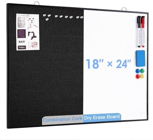 ARCOBIS Cork Board White Board Combo, 24X18 Linen Bulletin Board Whiteboard for Wall, Double-Sided Magnetic Dry Erase Corkboard for Home, Office, School, Black