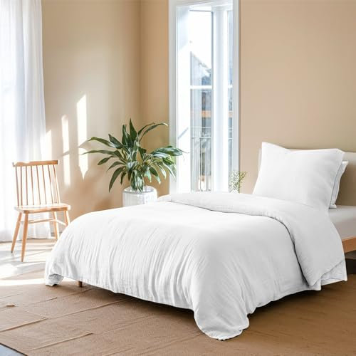 Dreamzie Musselin Bettwäsche 135x200 Baumwolle, Bettwäsche-Sets 1er Bettbezug mit 1 Kissenbezüge 80x80 cm, Oeko-Tex Bettwäsche Weiß mit Reißverschluss
